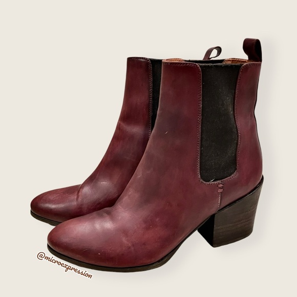 Frye Cherry Burgundy Red Genuine Leather Vintage-Retro Moto Gore Stretch Bootie - Picture 5 of 10